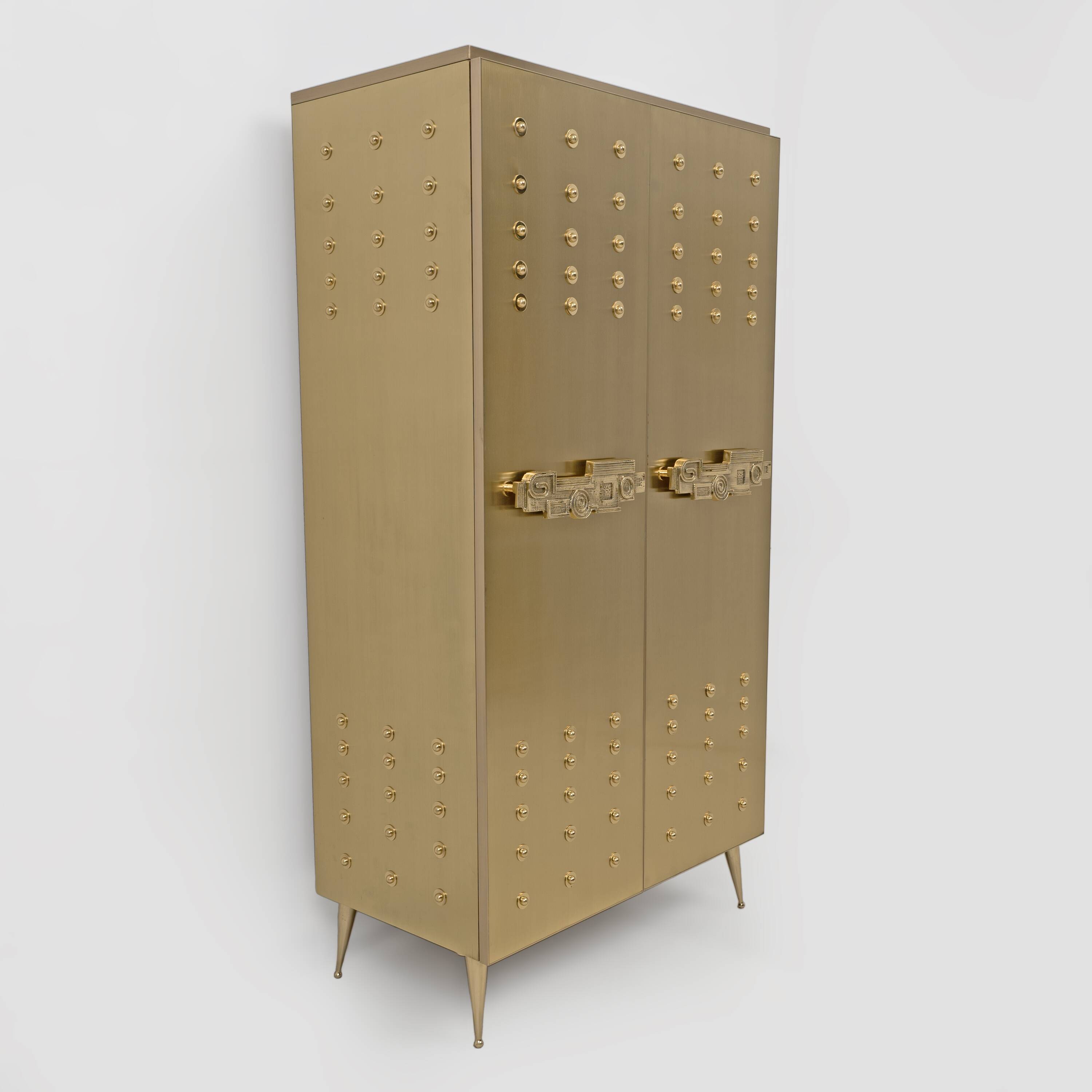 Italian Brass Bar Cabinet with Sculptural Cast Brass Handles