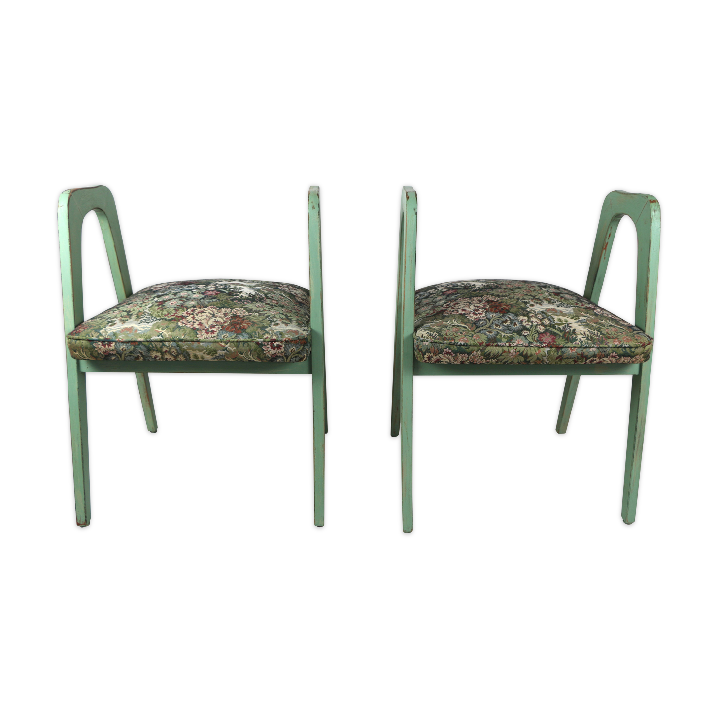 Lot de 2 tabourets verts à fleurs vintage