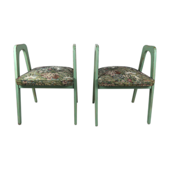 Lot de 2 tabourets verts à fleurs vintage