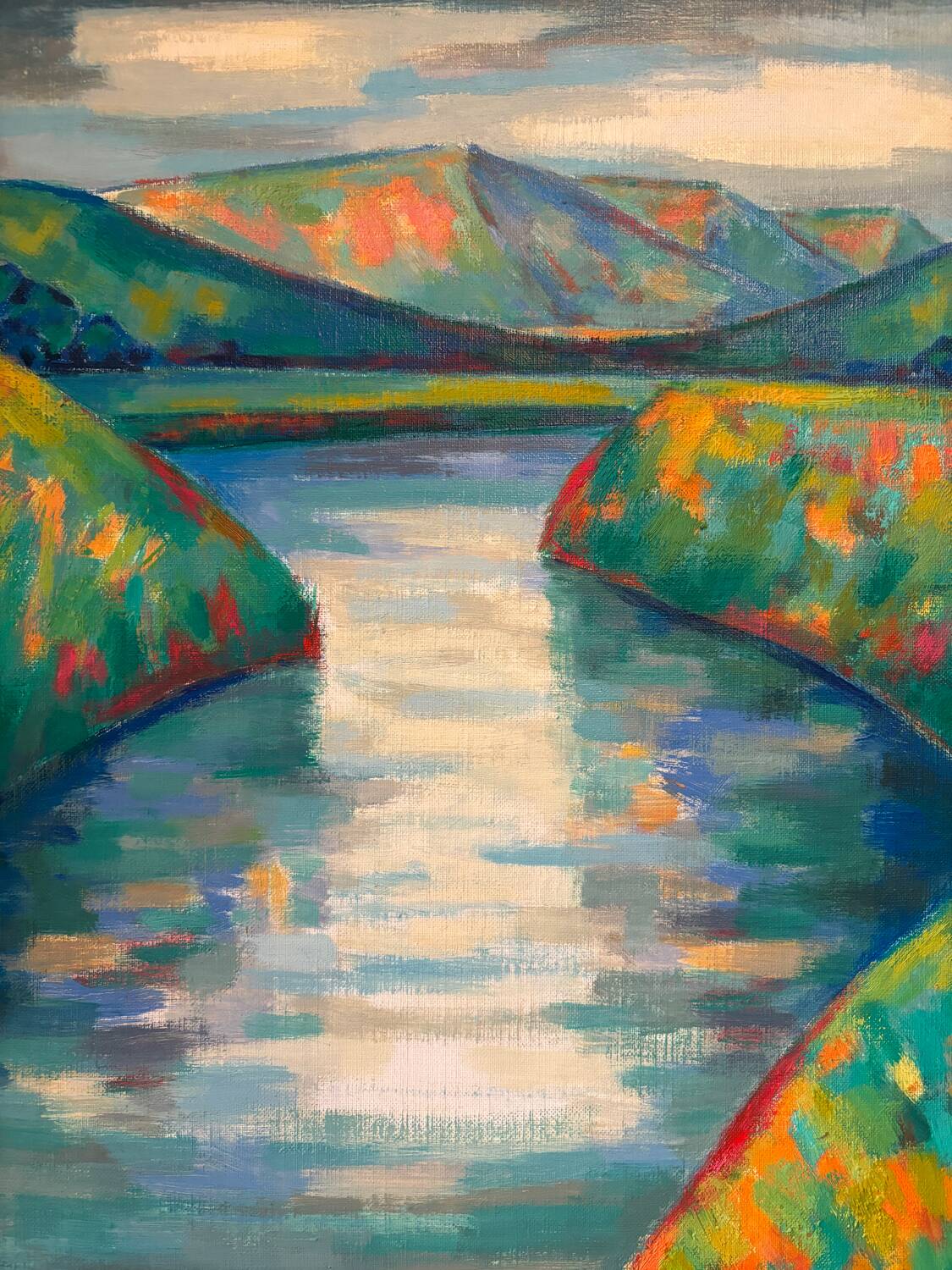 Lake and mountain landscape signed Godelier