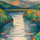 Lake and mountain landscape signed Godelier