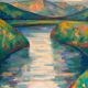 Lake and mountain landscape signed Godelier