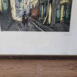 Etching Marcel Julien Baron signed, hand-colored print / Rue de Paris
