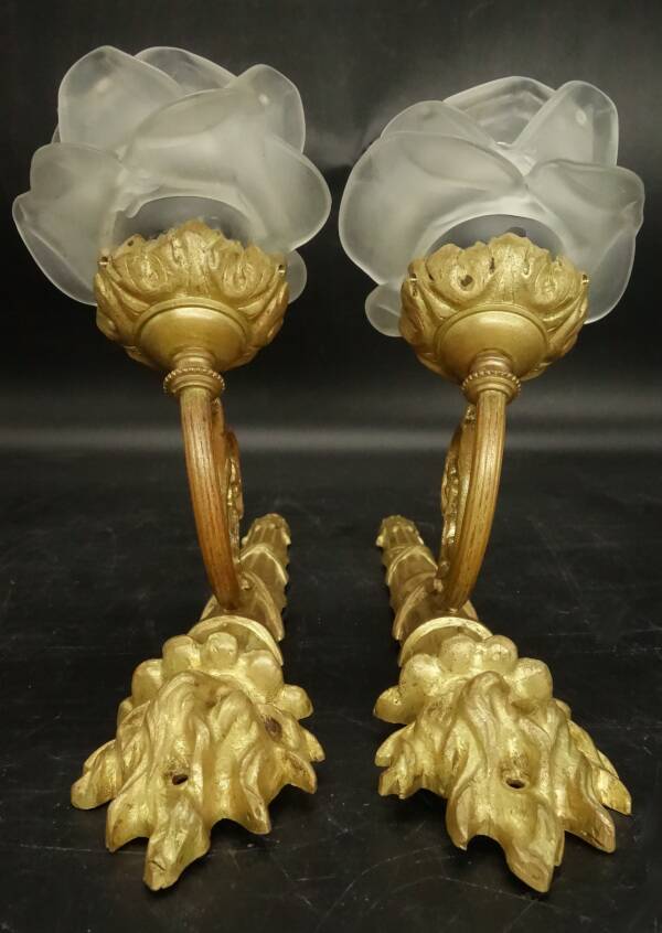 Pair of single-light wall sconces in the Louis XVI torch style - gilded bronze