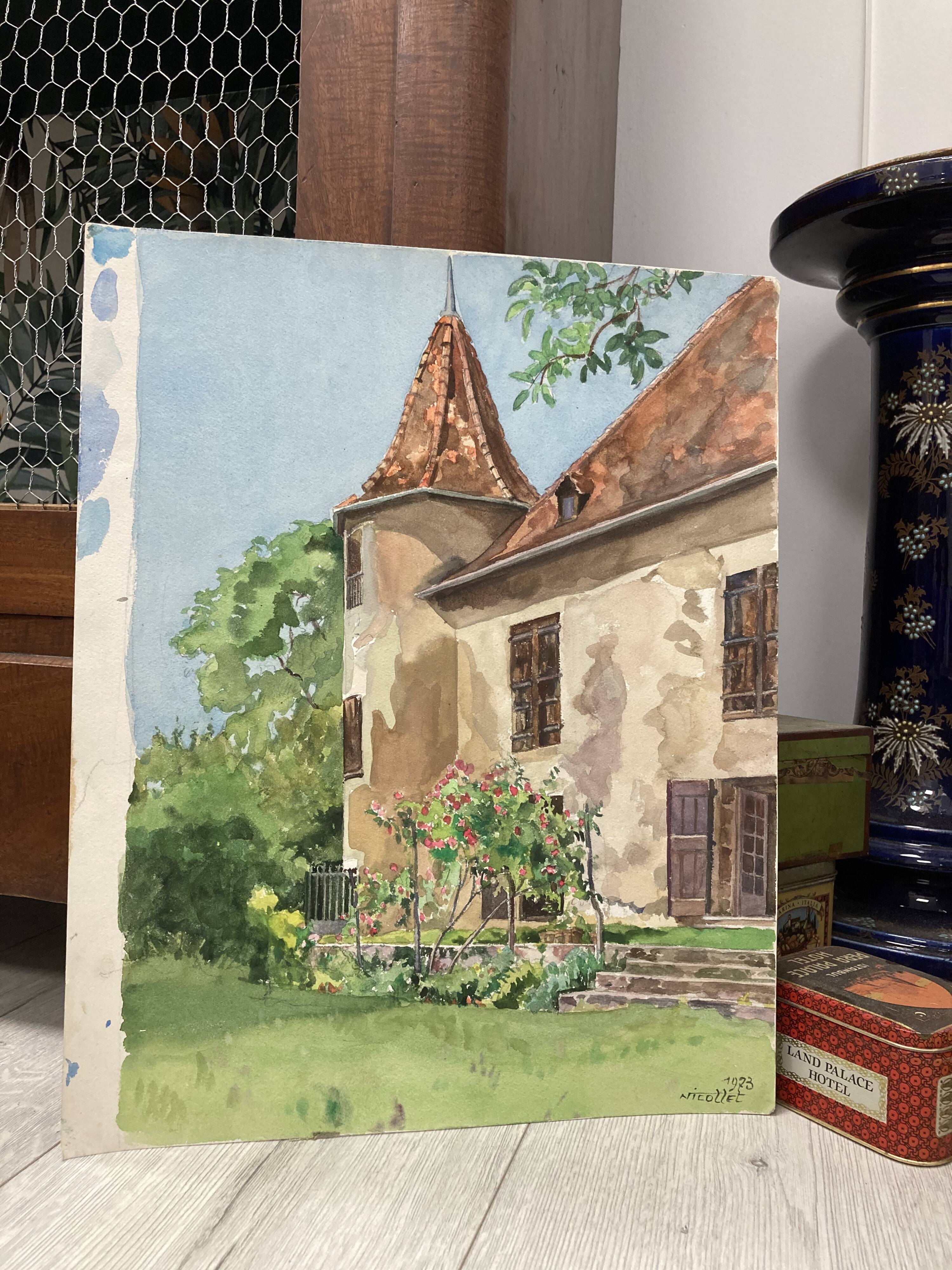 Vintage turret watercolor signed