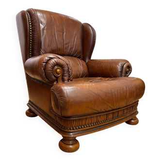 Vintage English Leather Wingback Armchair – 1980s