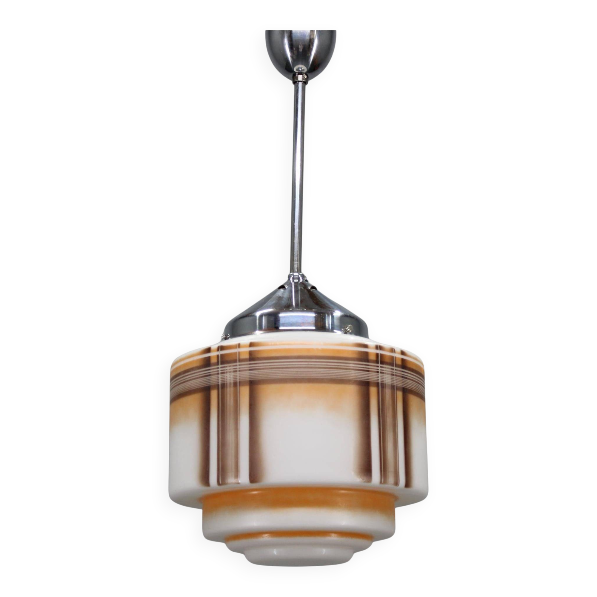 1930s Napako Art Deco pendant light in chrome and glass, restored, new wiring