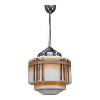 1930s Napako Art Deco pendant light in chrome and glass, restored, new wiring