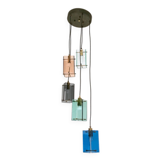 Vintage Five-Light Colored Glass Pendant in the Style of Fontana Arte, Italy