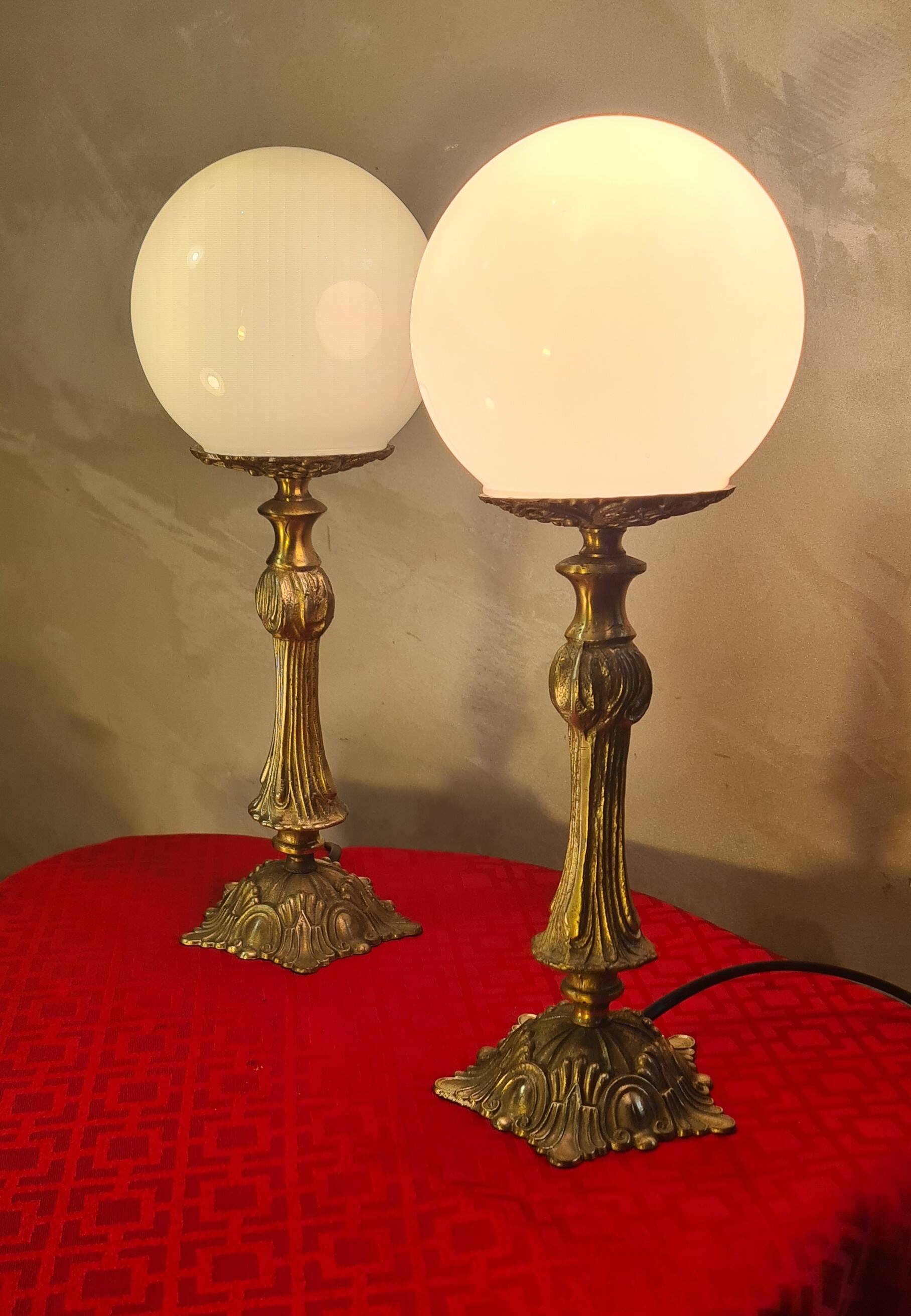 pair of bronze and opaline bedside lamps 31x11 electric refurbished