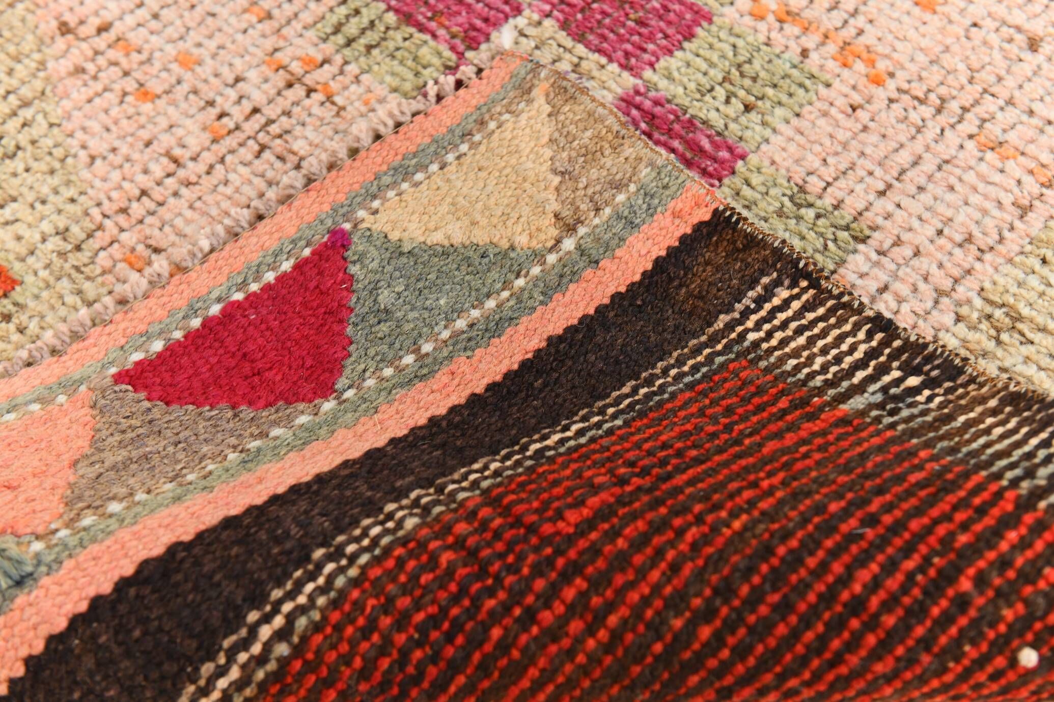 Tapis de couloir Oushak corail vintage, tapis turc ancien, 95x310 cm