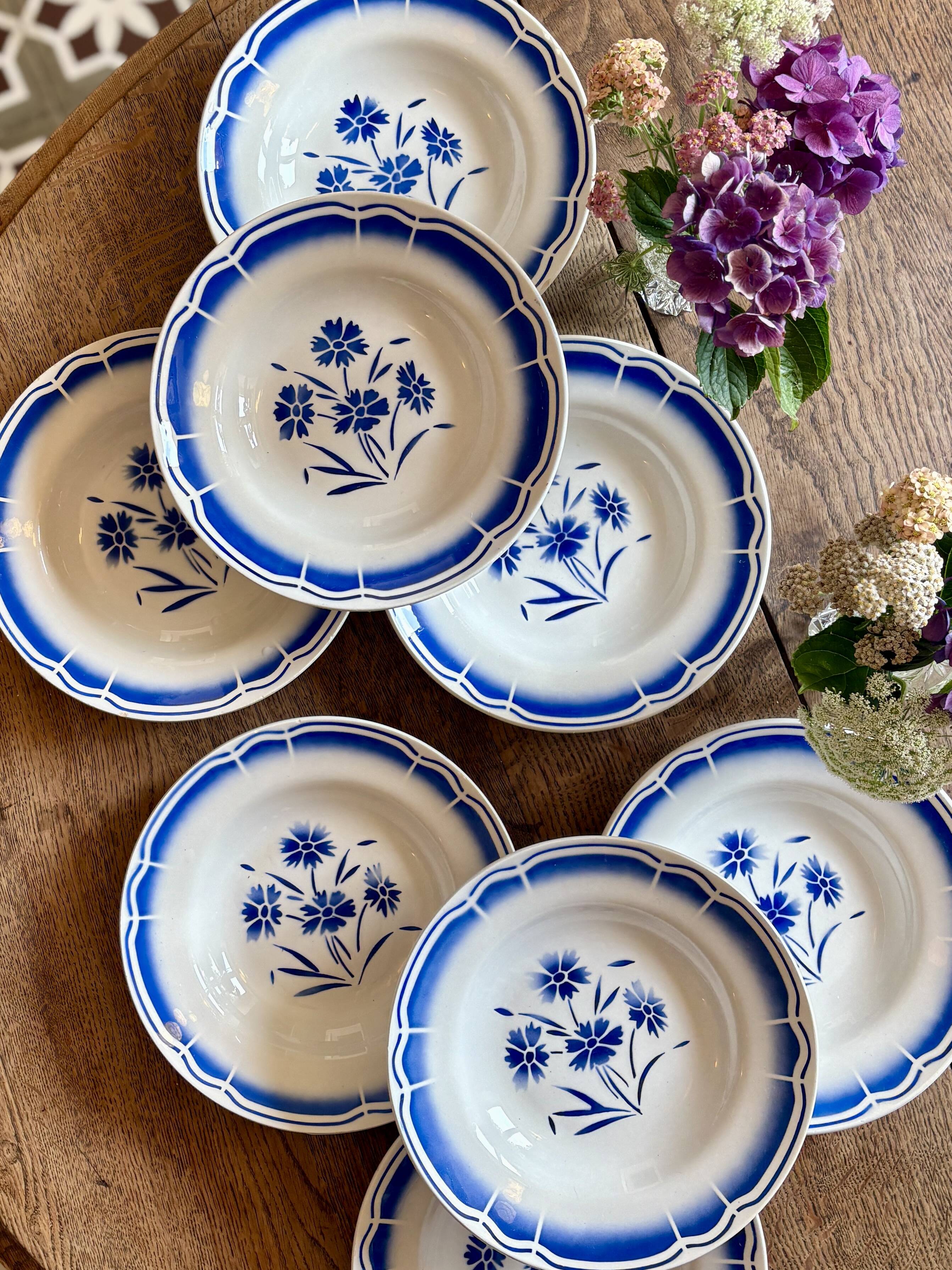 Set of 8 antique soup plates, blue flower decorations