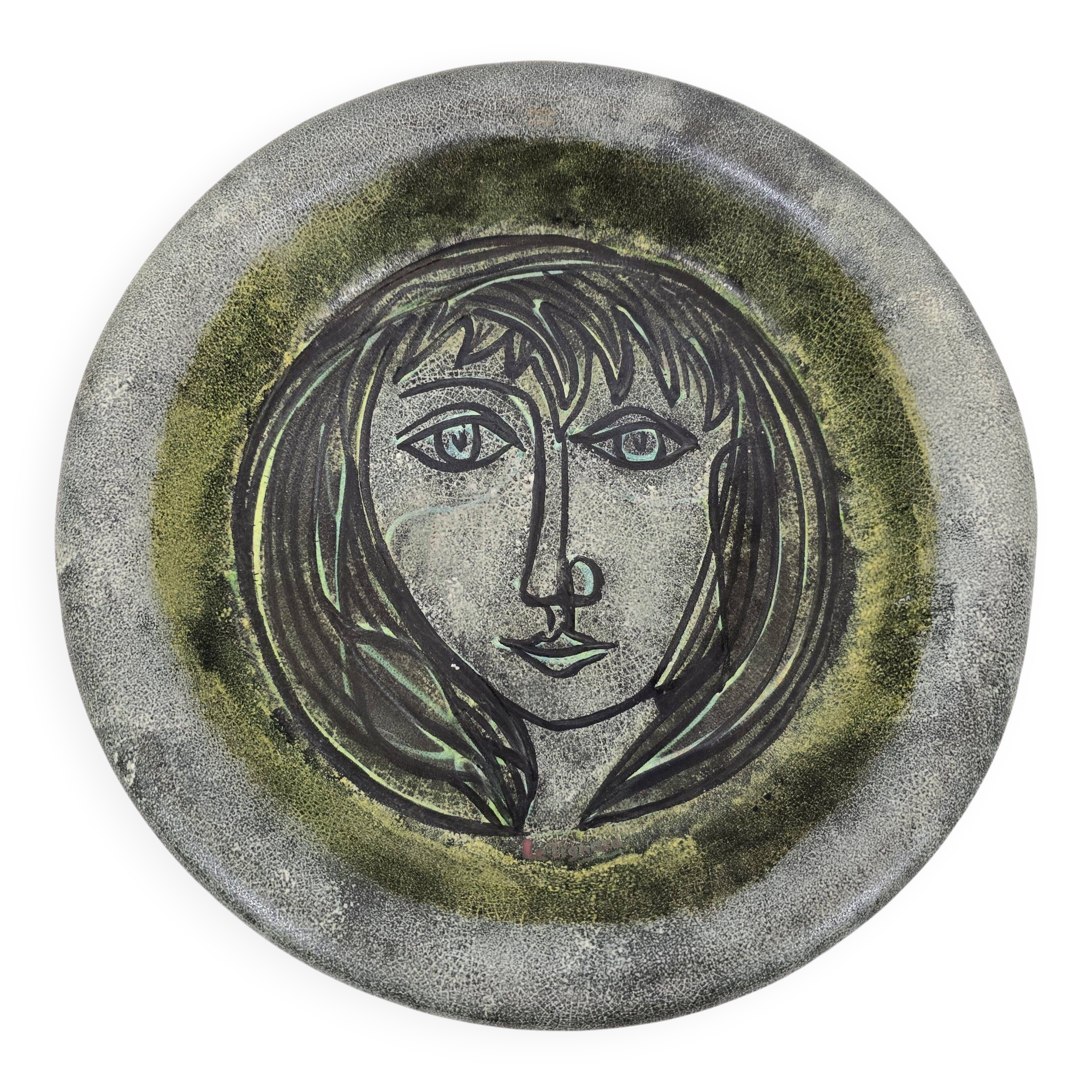 Decorative dish with a woman's face signed Le Tignard – Accolay, France 1970