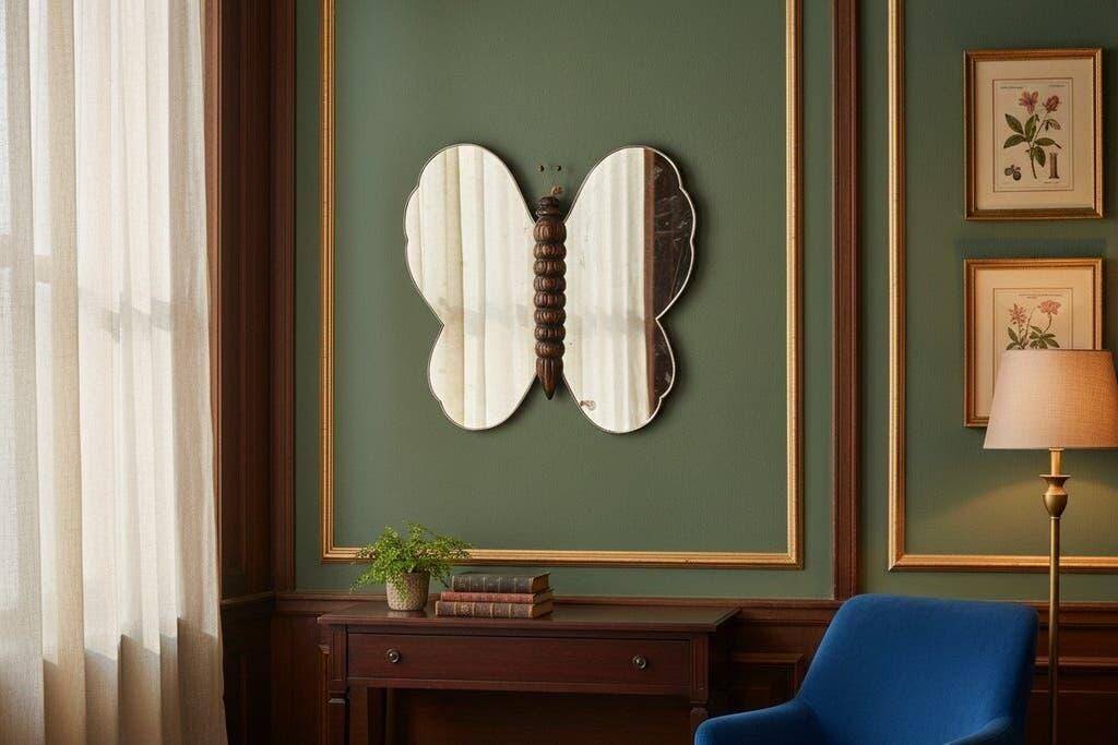 Vintage wall mirror "Butterfly" with wooden accent