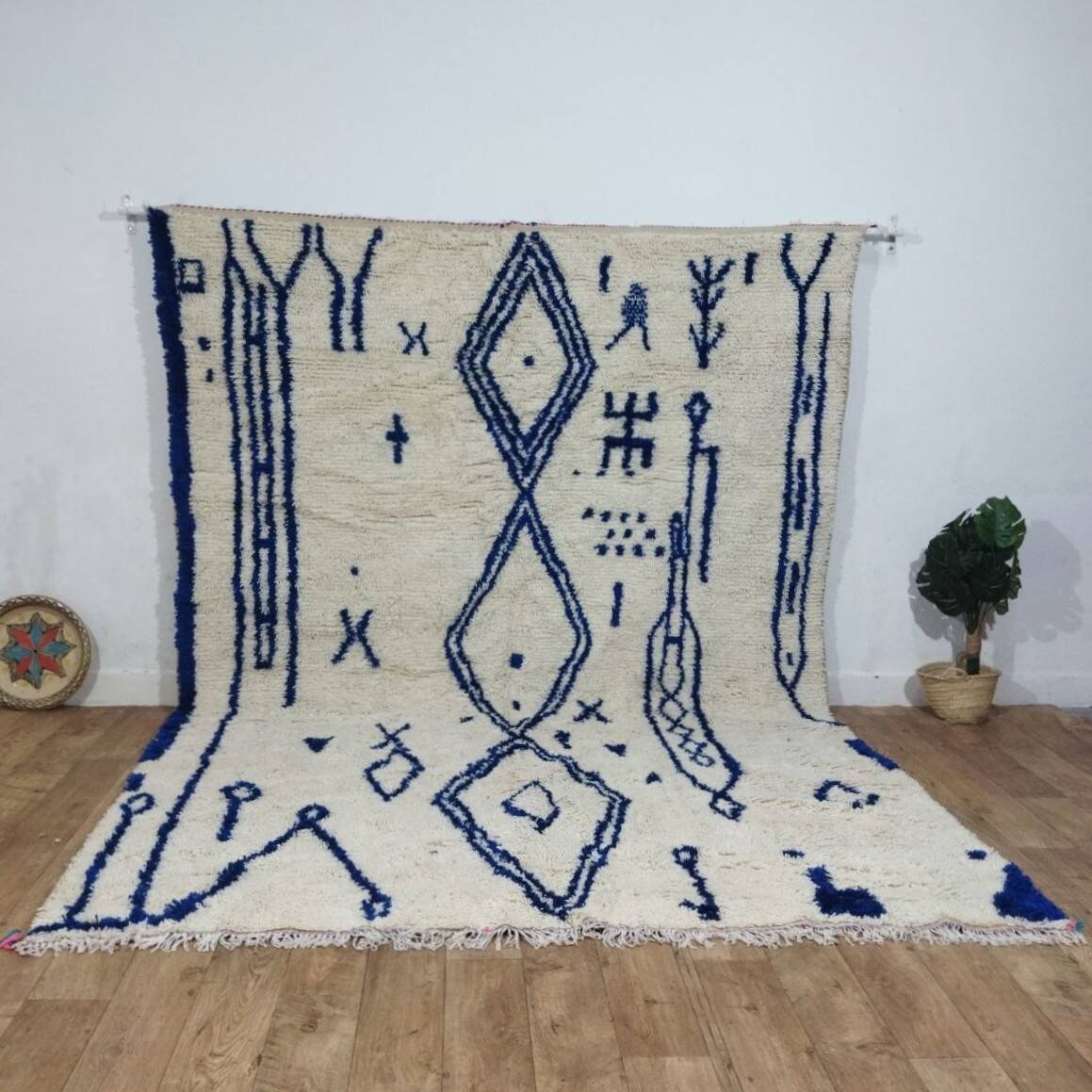Large Moroccan Berber rug in cream and blue, 344 x 240 cm.