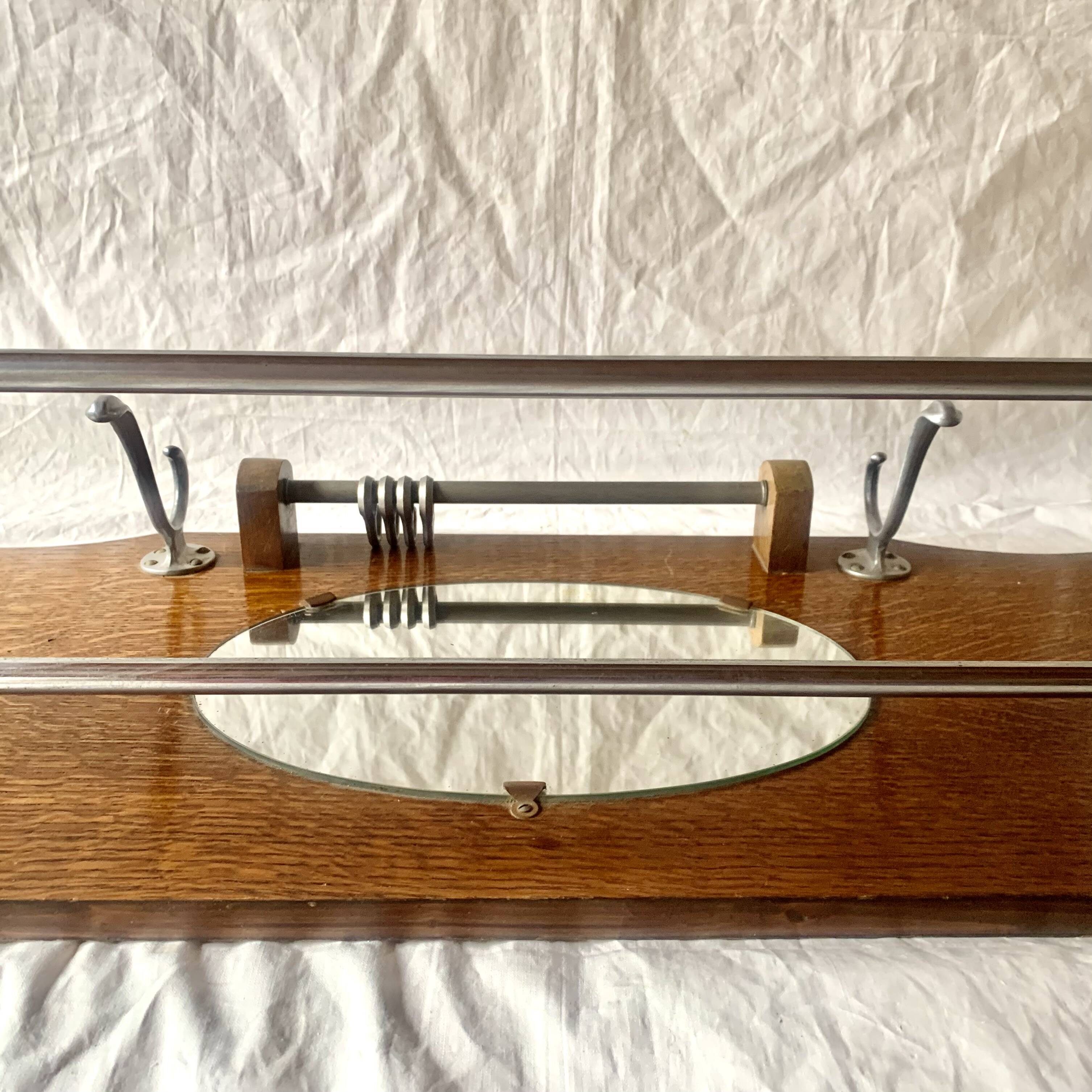 Large Art Deco wooden wall coat rack with mirror and hat rack