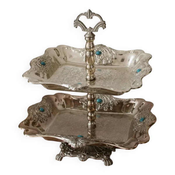 Serviteur vintage à deux étages style oriental – Métal argenté et cabochons bleu turquoise