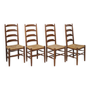 Chaises haut dossier architecturales, assise paille, le lot de 4