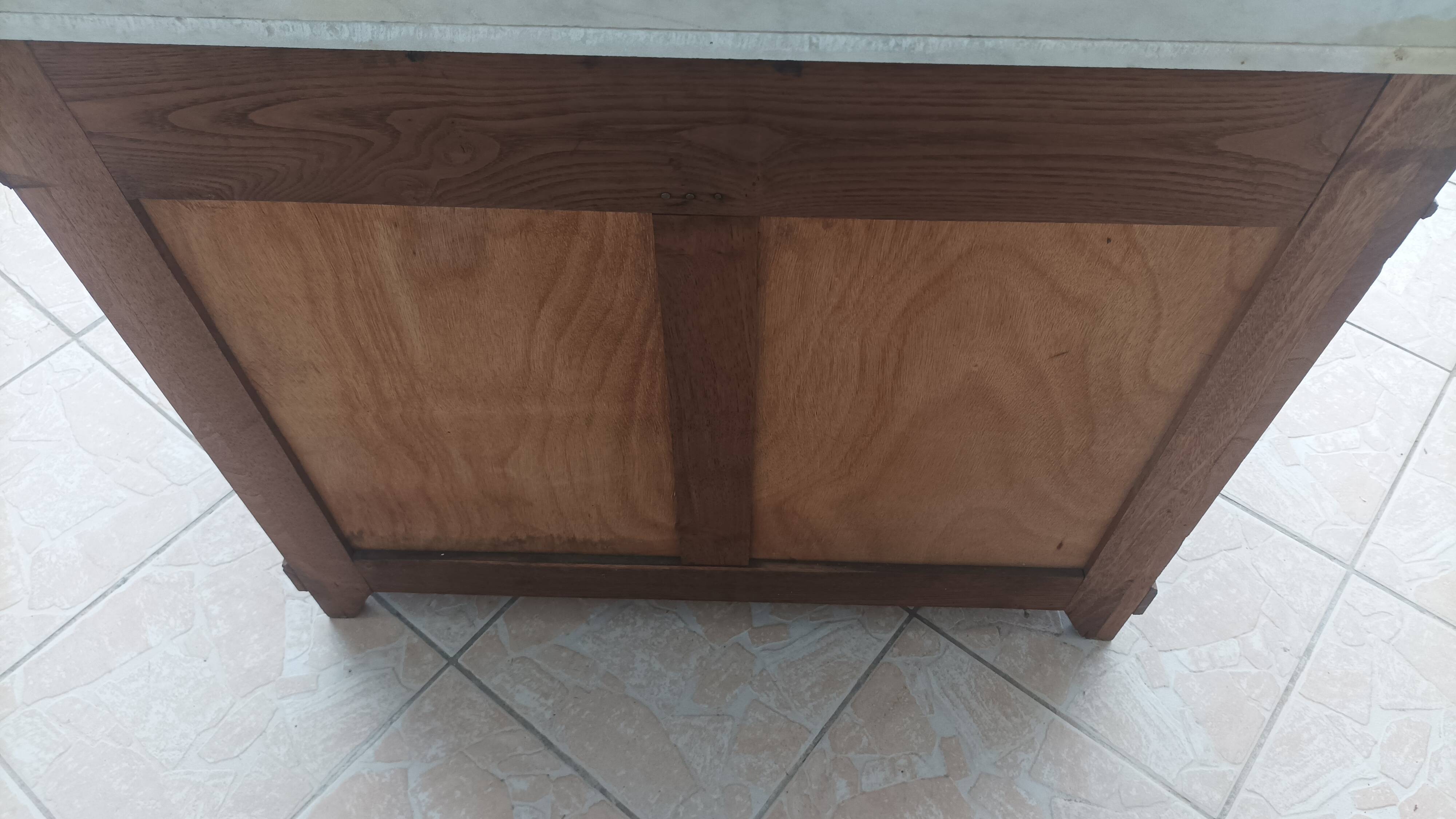 Antique walnut and white marble bathroom cabinet