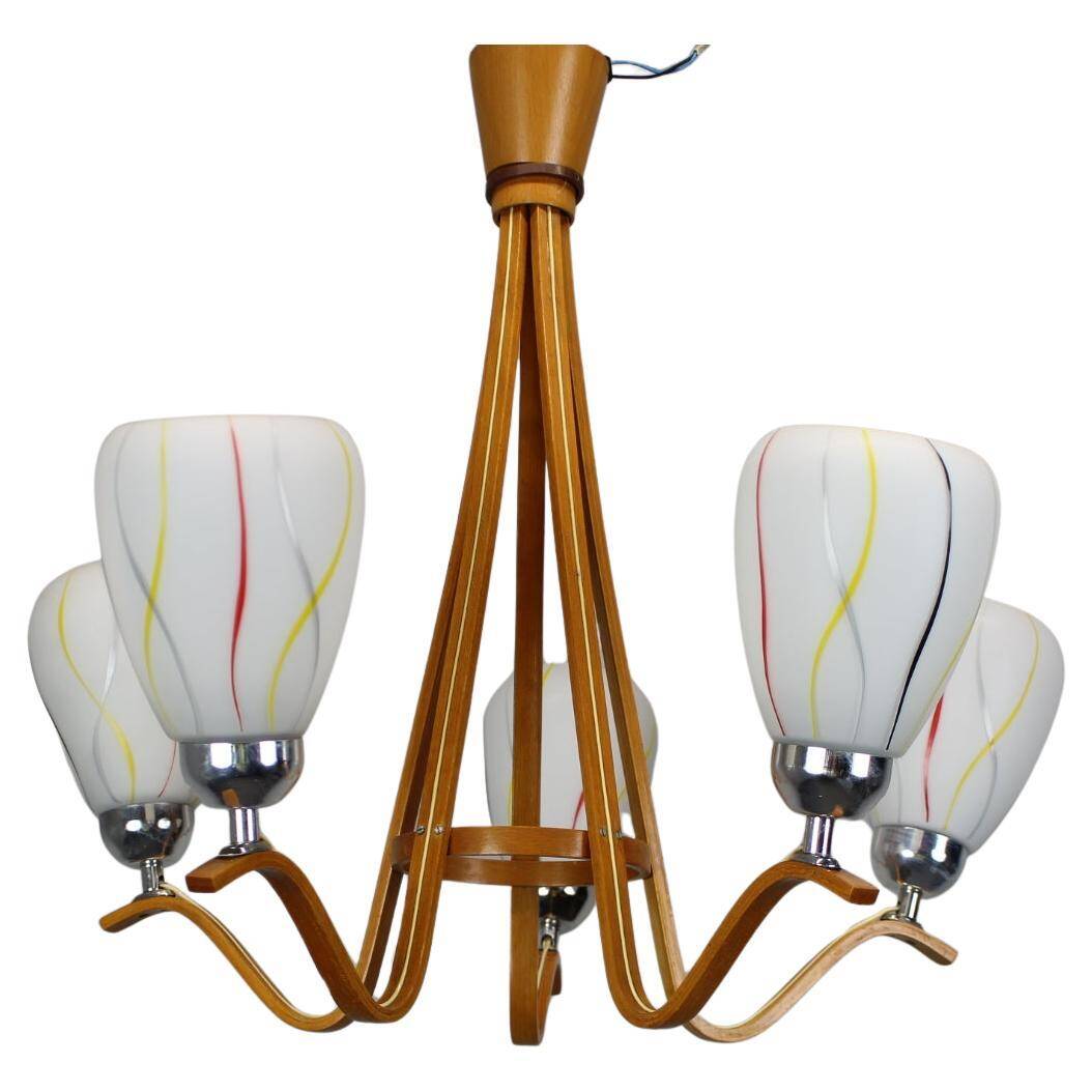 Mid-century wooden chandelier with glass shades, Czechoslovakia, 1970s.