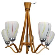 Mid-century wooden chandelier with glass shades, Czechoslovakia, 1970s.