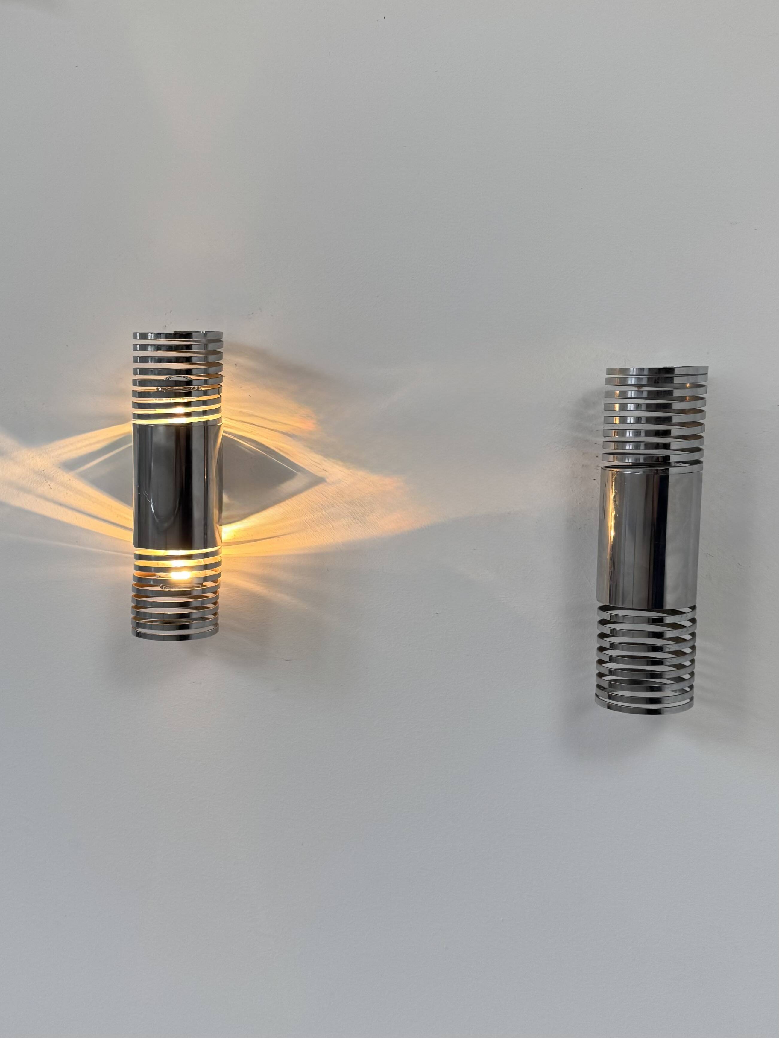 Pair of vintage chrome metal wall lights, France, 1970.