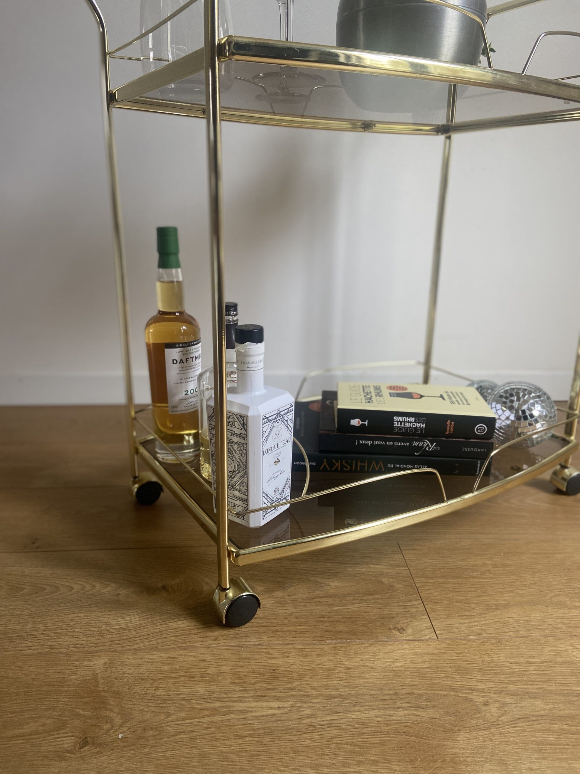Vintage rolling service in gilded metal and smoked glass