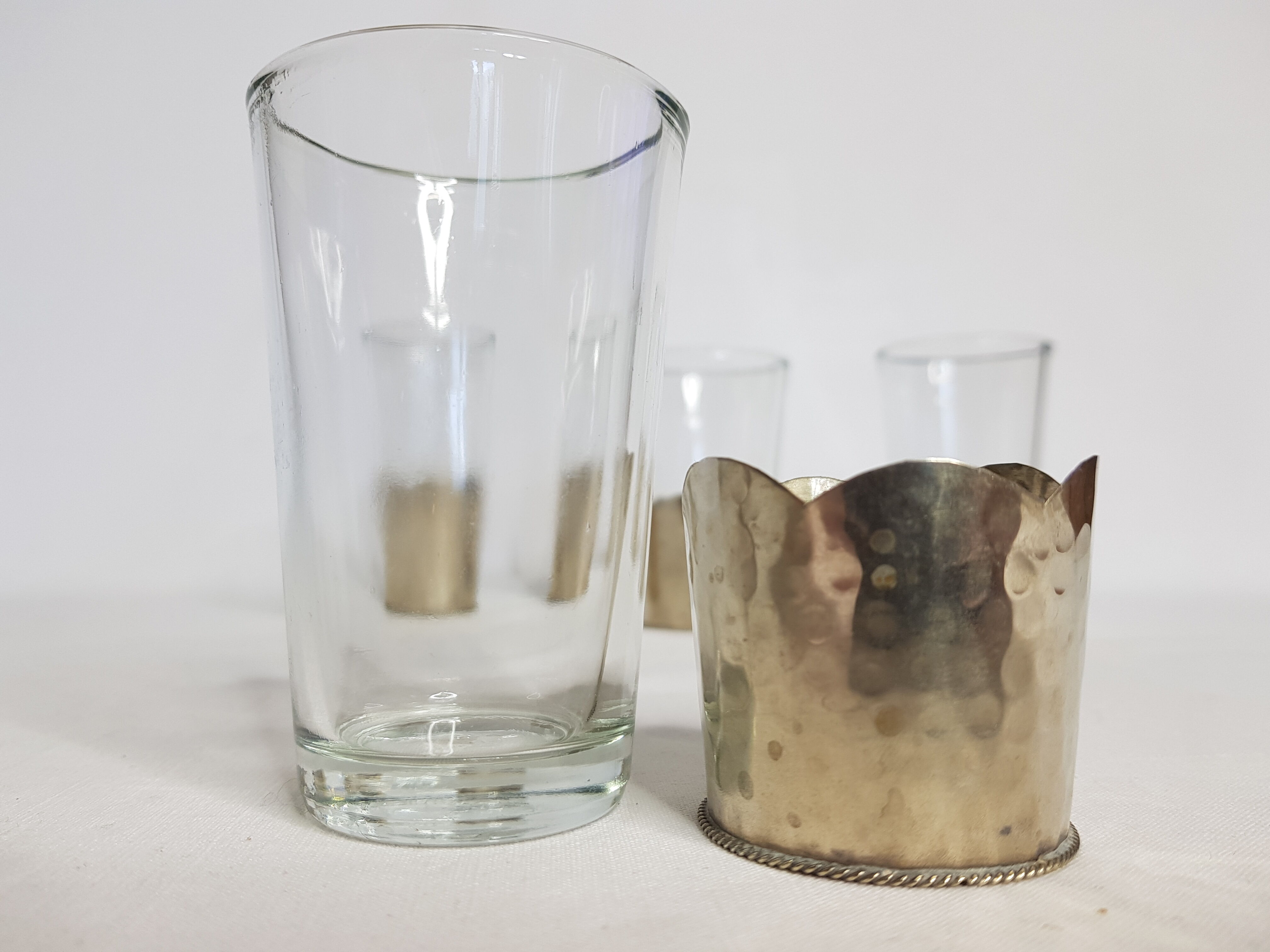 Set of 5 old Moroccan tea glasses in hammered glass and maillechort