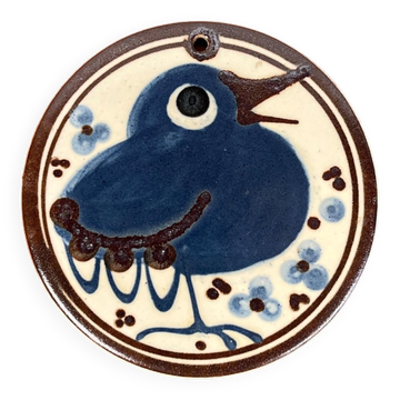 Assiette murale de studio danoise du milieu du siècle en poterie avec design d'oiseau par Erling & Karin Heerwagen, 1976