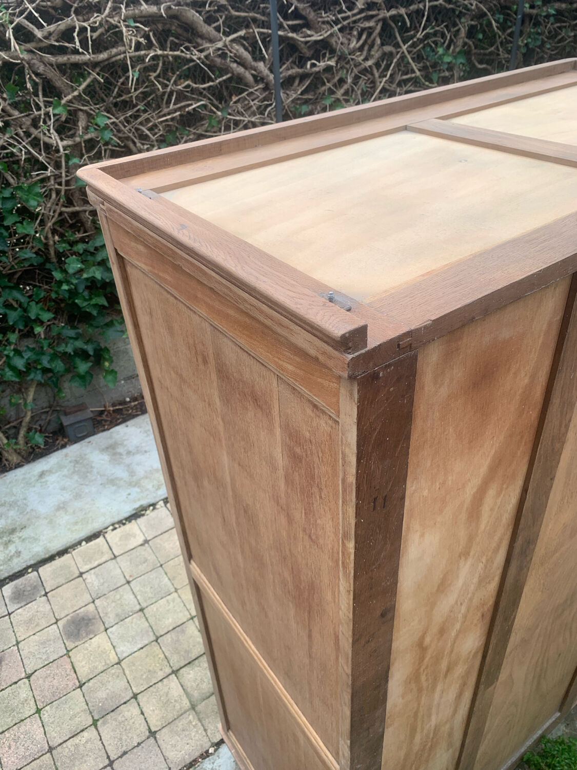 Vintage wardrobe with compass legs in raw wood, sliding doors, 1960s
