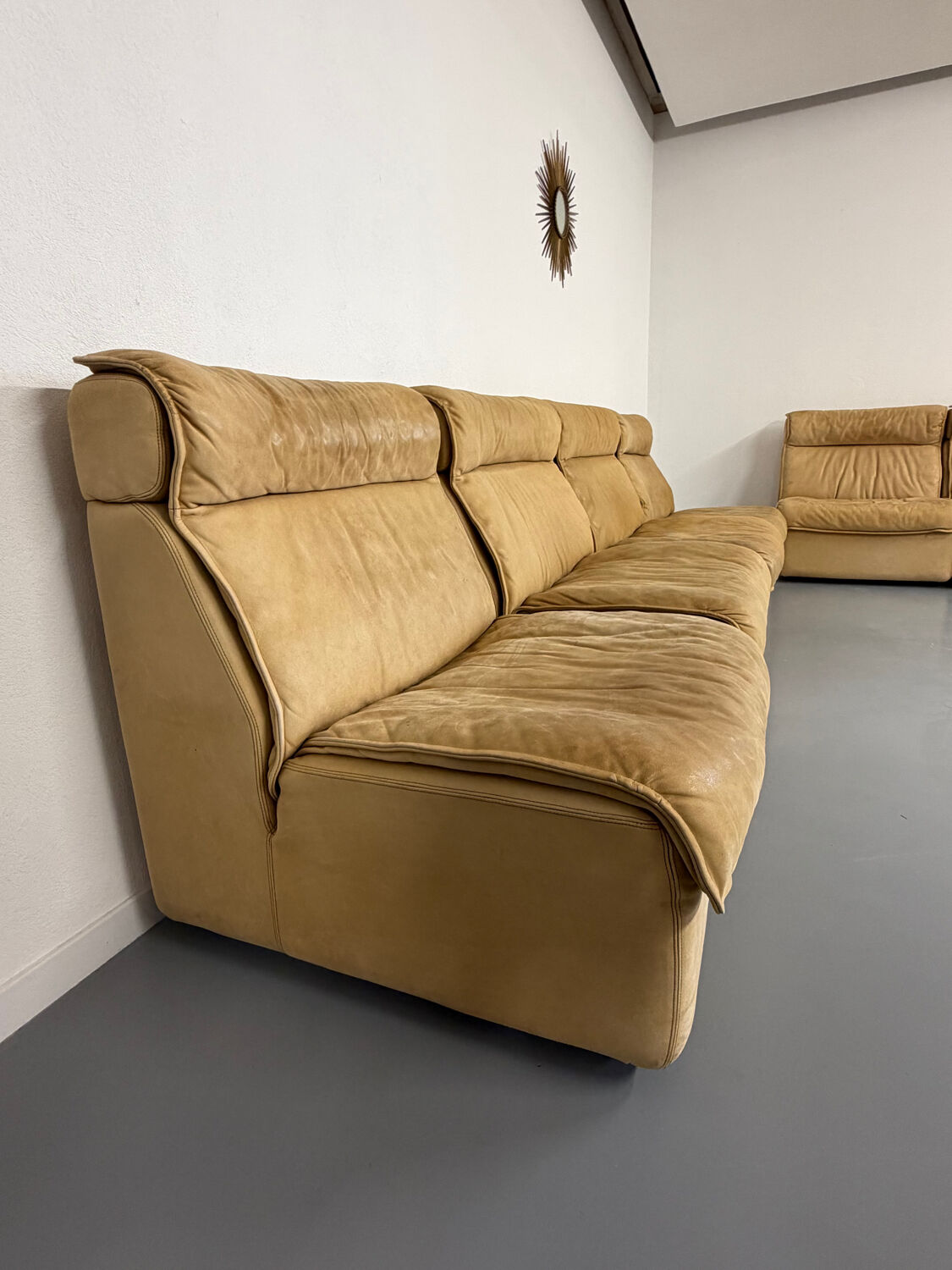 Modular camel leather sofa, 1980s vintage design.