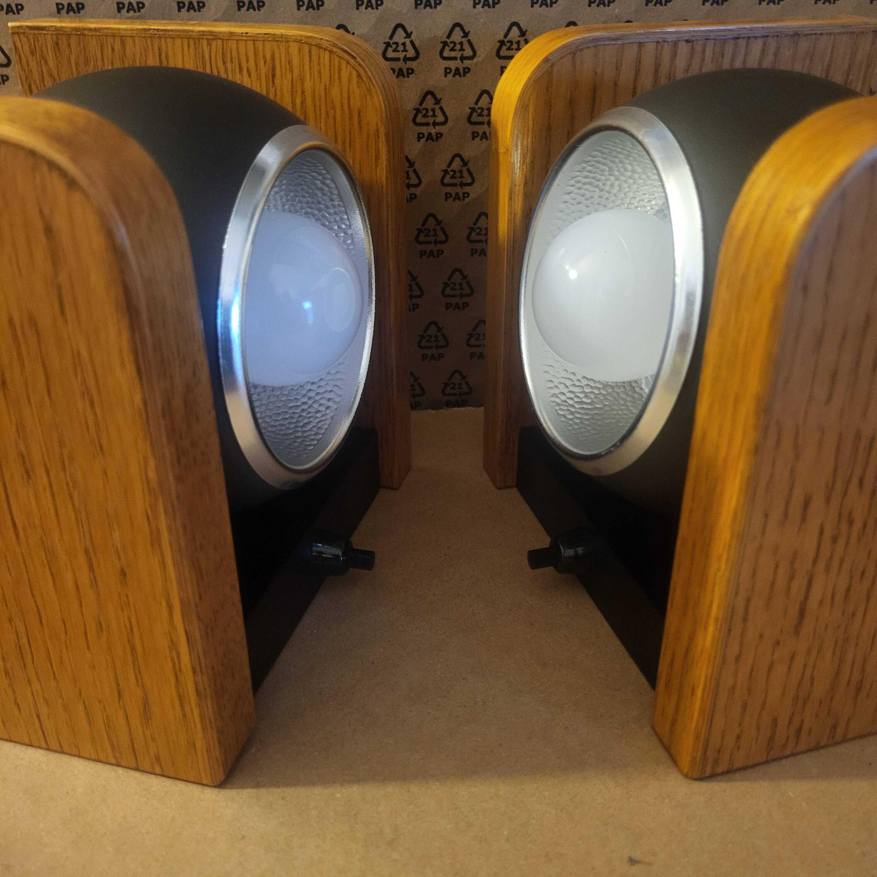 2 white eye lamps, wood, metal, vintage, Germany