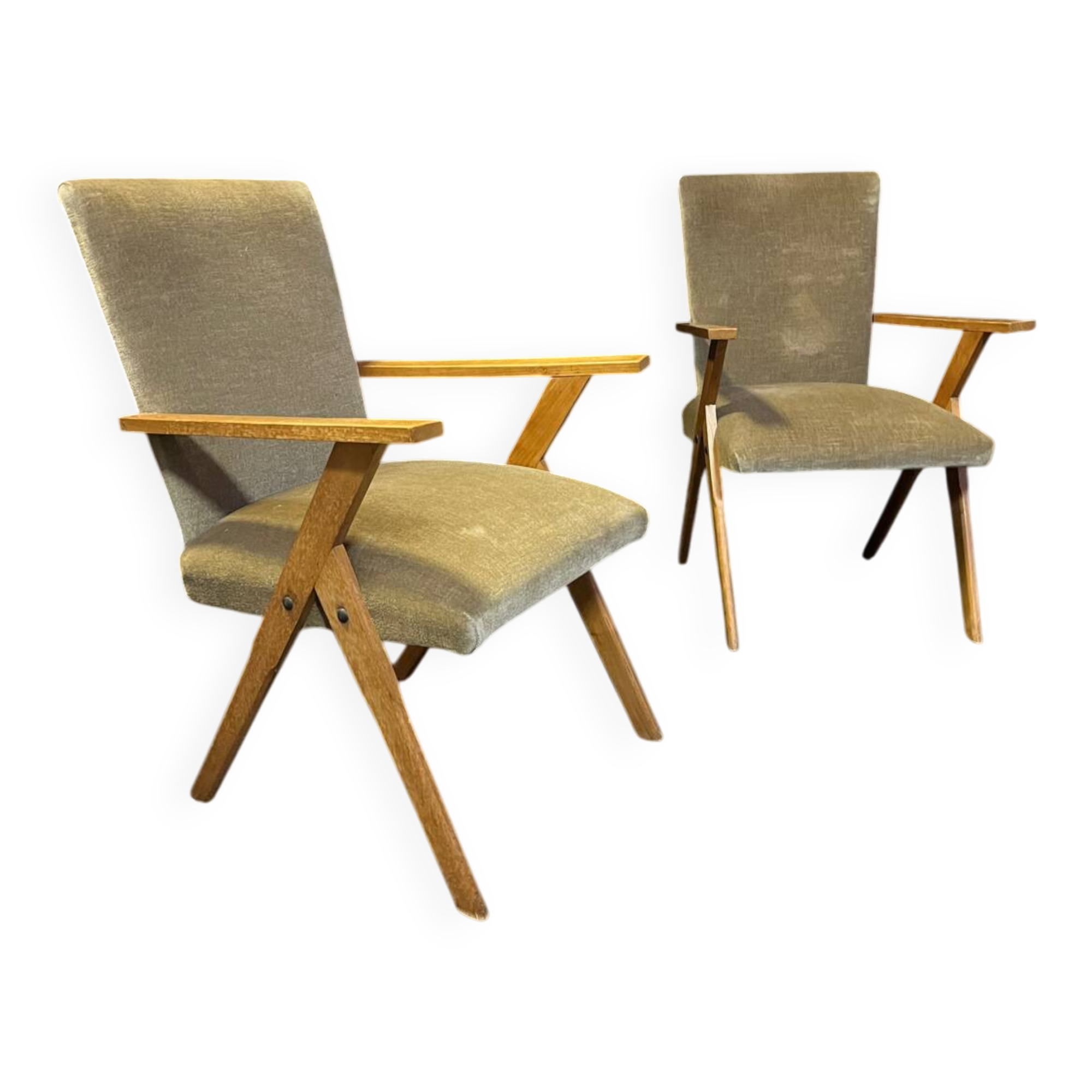Pair of compass leg armchairs Velvet 1950