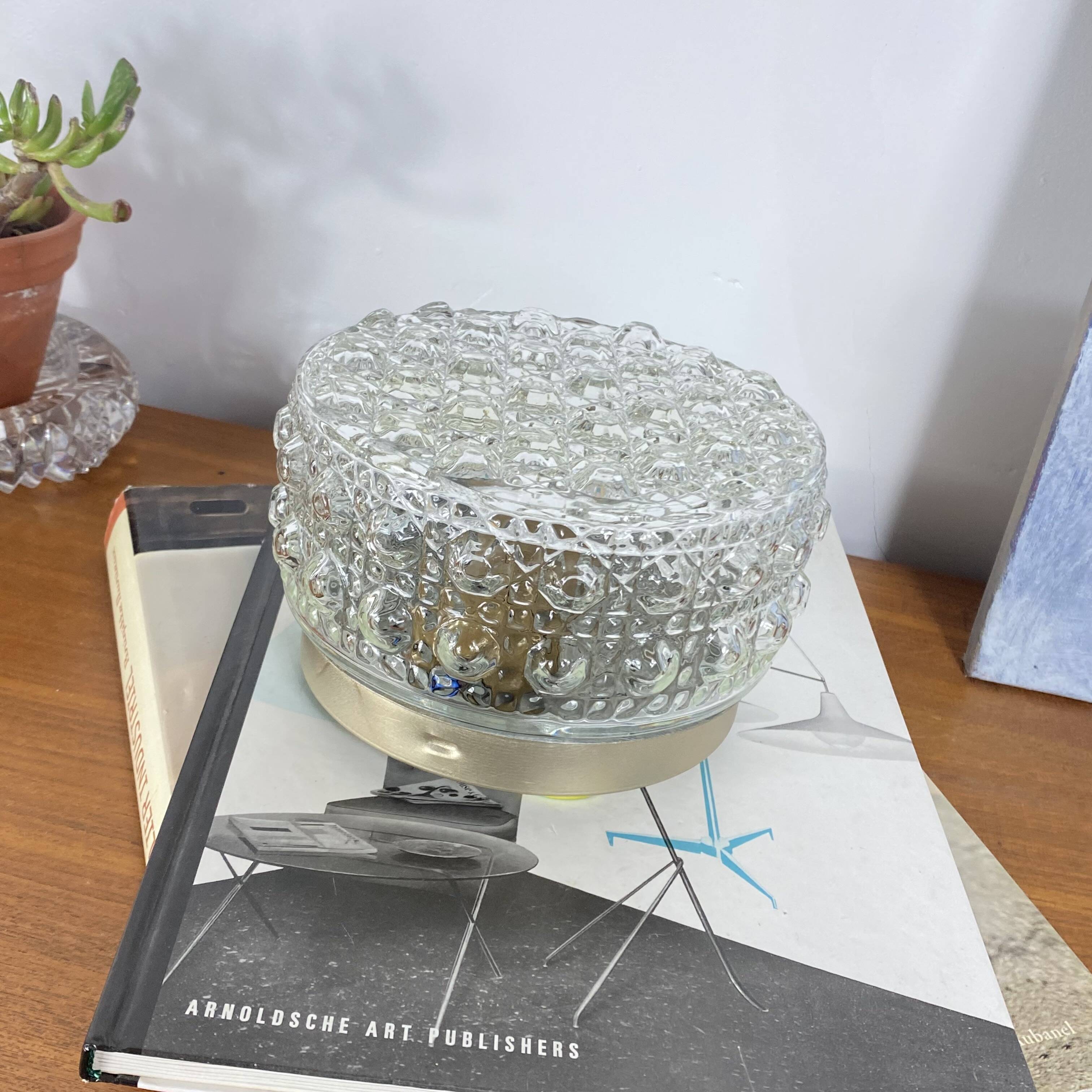 Small round wall light ceiling fixture in glass vintage diamond point.