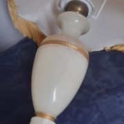 Table lamp, yellow marble and brass foot, silk pagoda lampshade, doubled, vintage, ht 40 cm