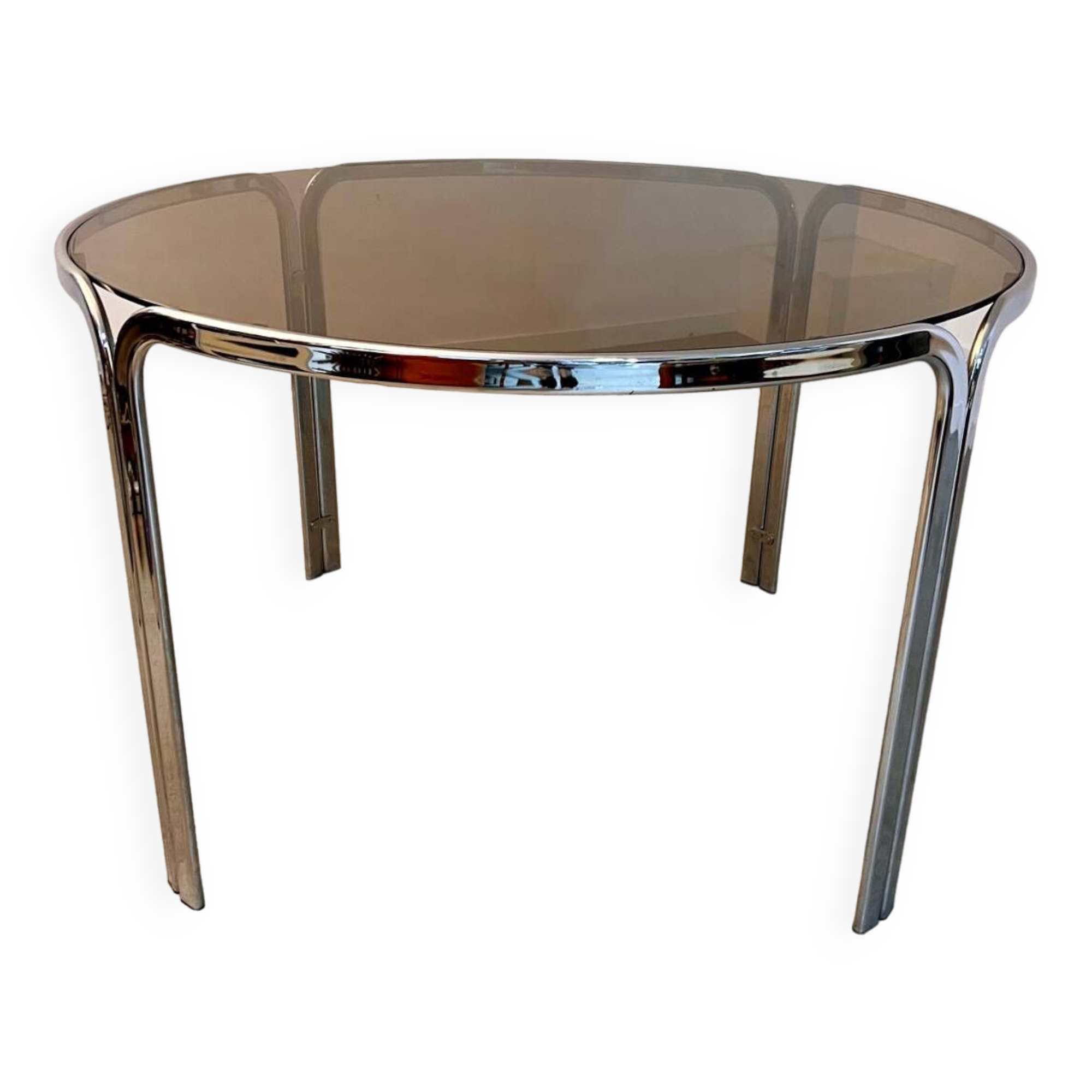 Table ronde vintage tubulaire en métal et verre fumé design année 70