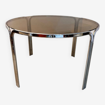 Table ronde vintage tubulaire en métal et verre fumé design année 70