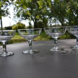 4 original antique champagne glasses in Belgian engraved glass