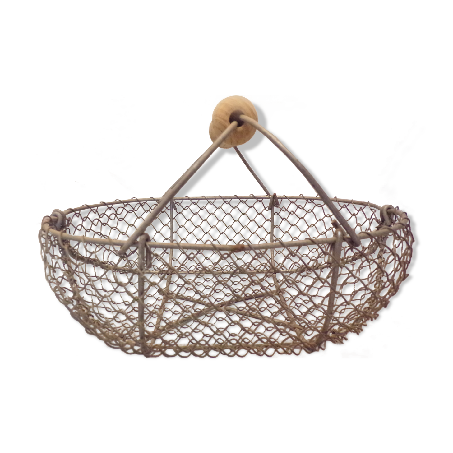 Basket has former apples in metal and wire mesh