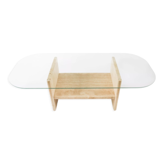 Vintage travertine coffee table with glass top