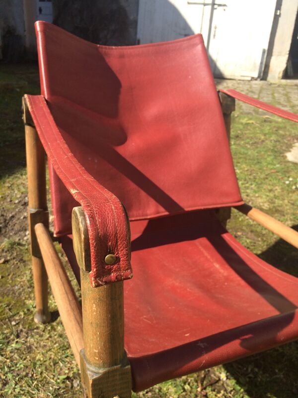 fauteuil Safari En Bois Et cuir Rouge Foncé - 1970