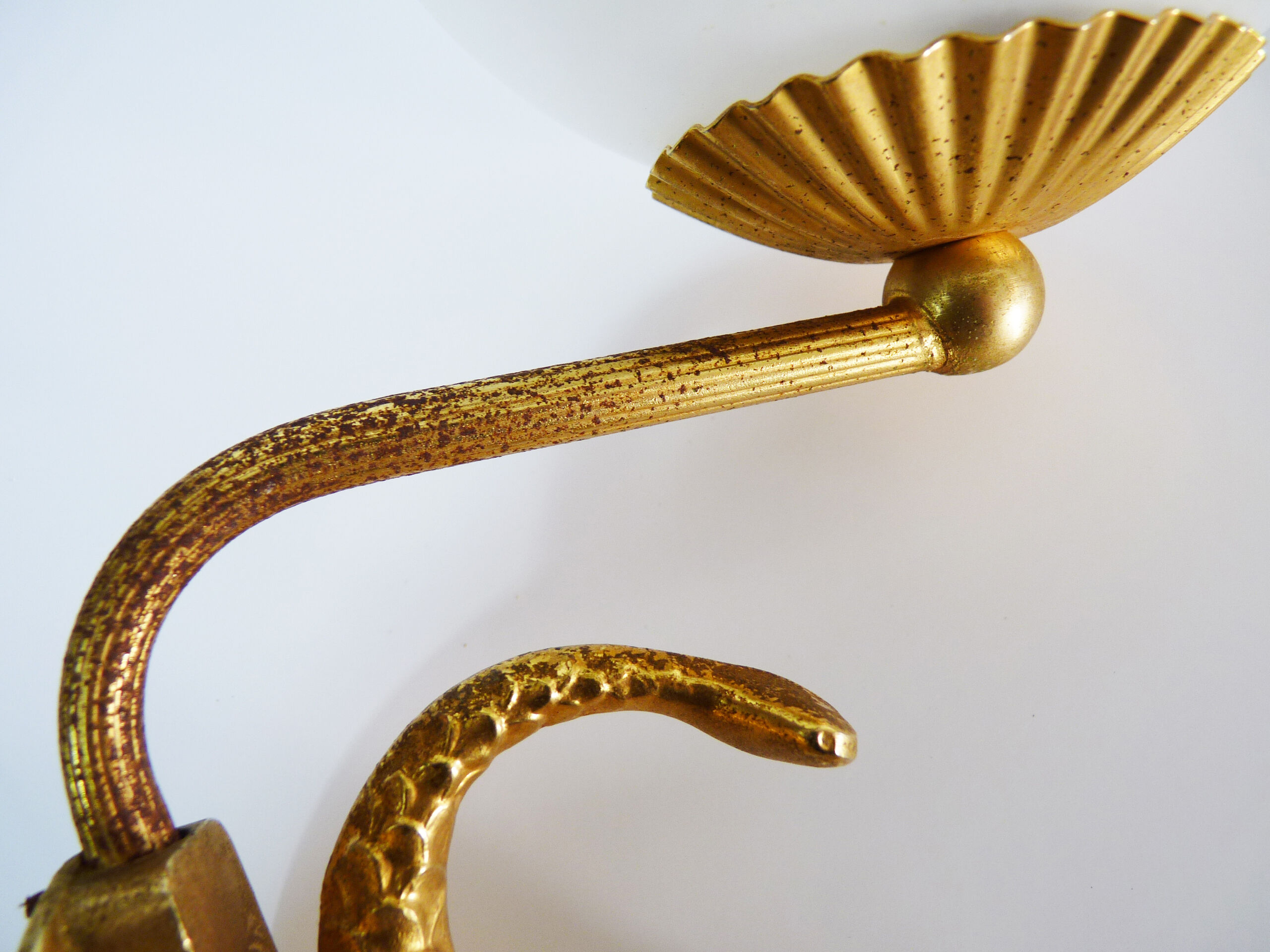 Pair of wall lamps with carp fish, brass and white opaline globe 1960