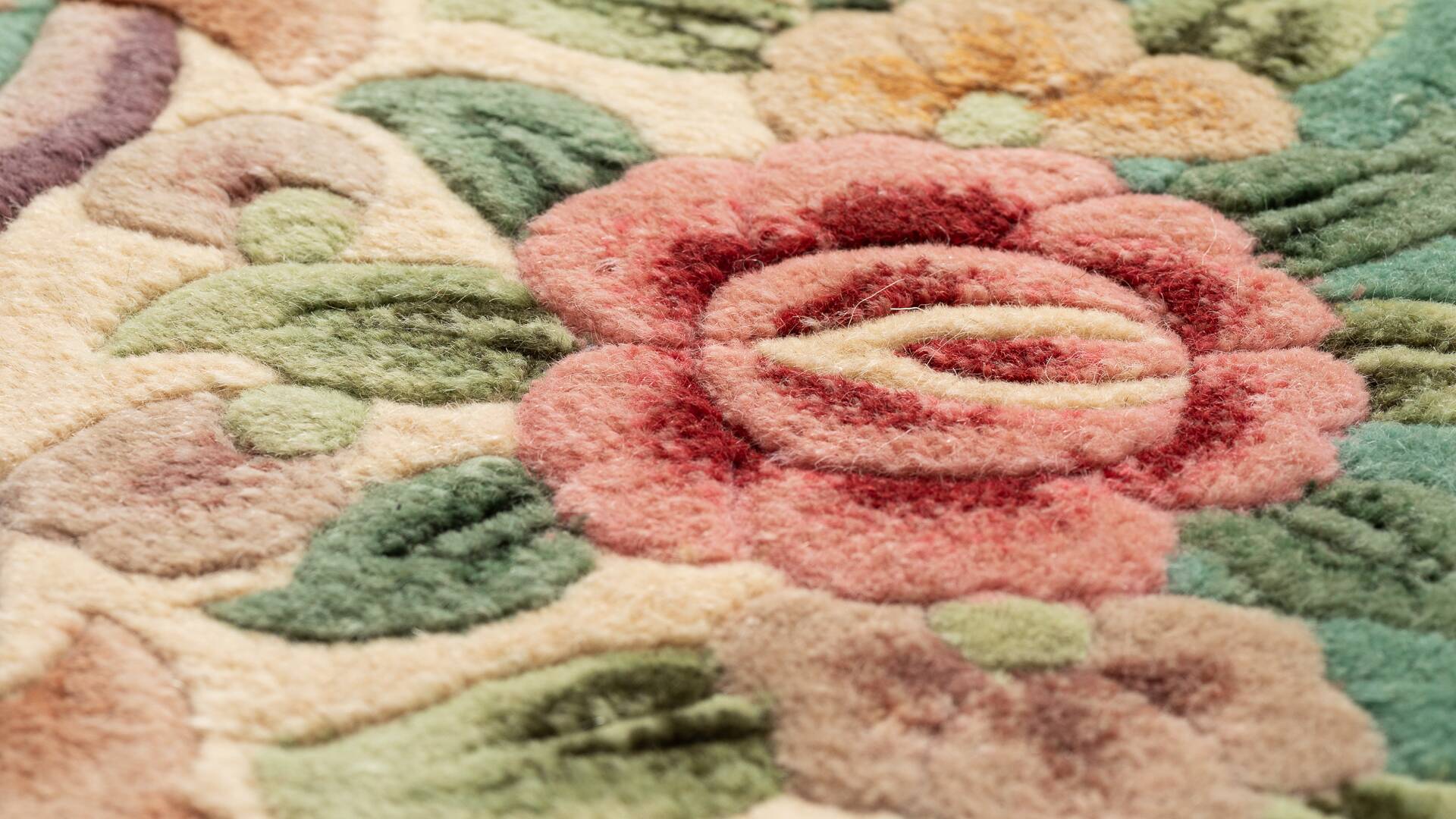 French Green Wool and Floral Rug in the style of Aubusson, 20th Century