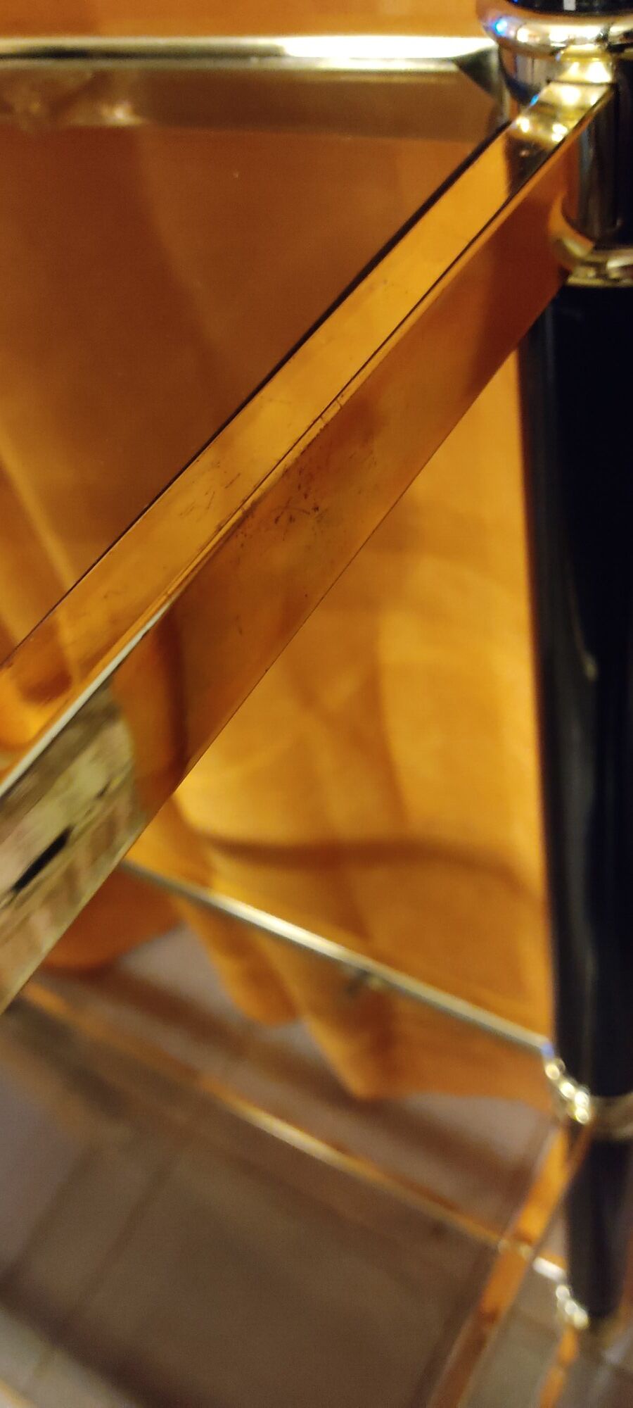 Shelf, Chinese, black and gold metal, smoked glass
