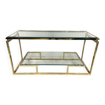 Console à deux niveaux en laiton et verre biseauté, années 1970