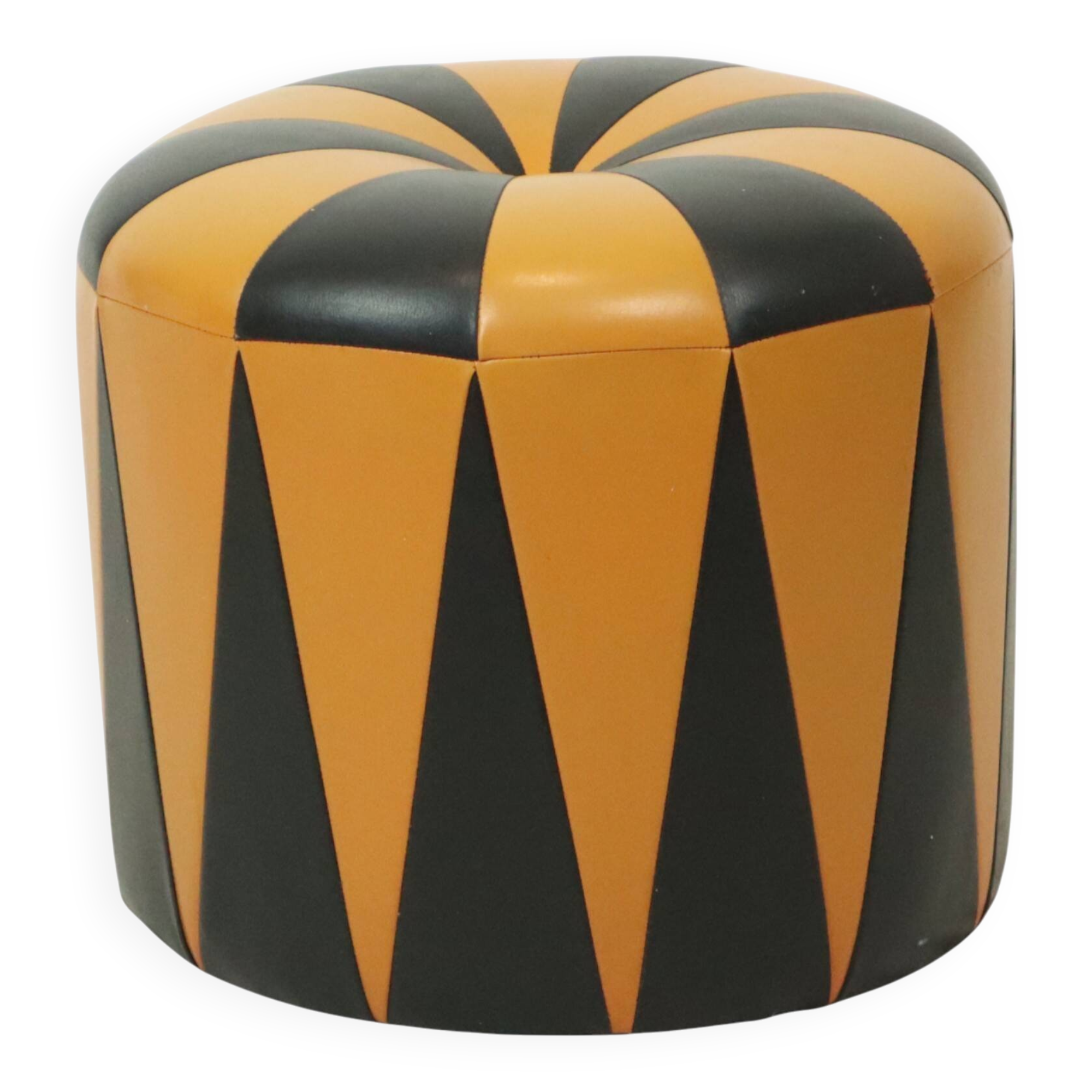 Round Vintage Pouf Orange Black Leatherette 1960s