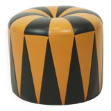 Round Vintage Pouf Orange Black Leatherette 1960s