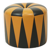 Round Vintage Pouf Orange Black Leatherette 1960s