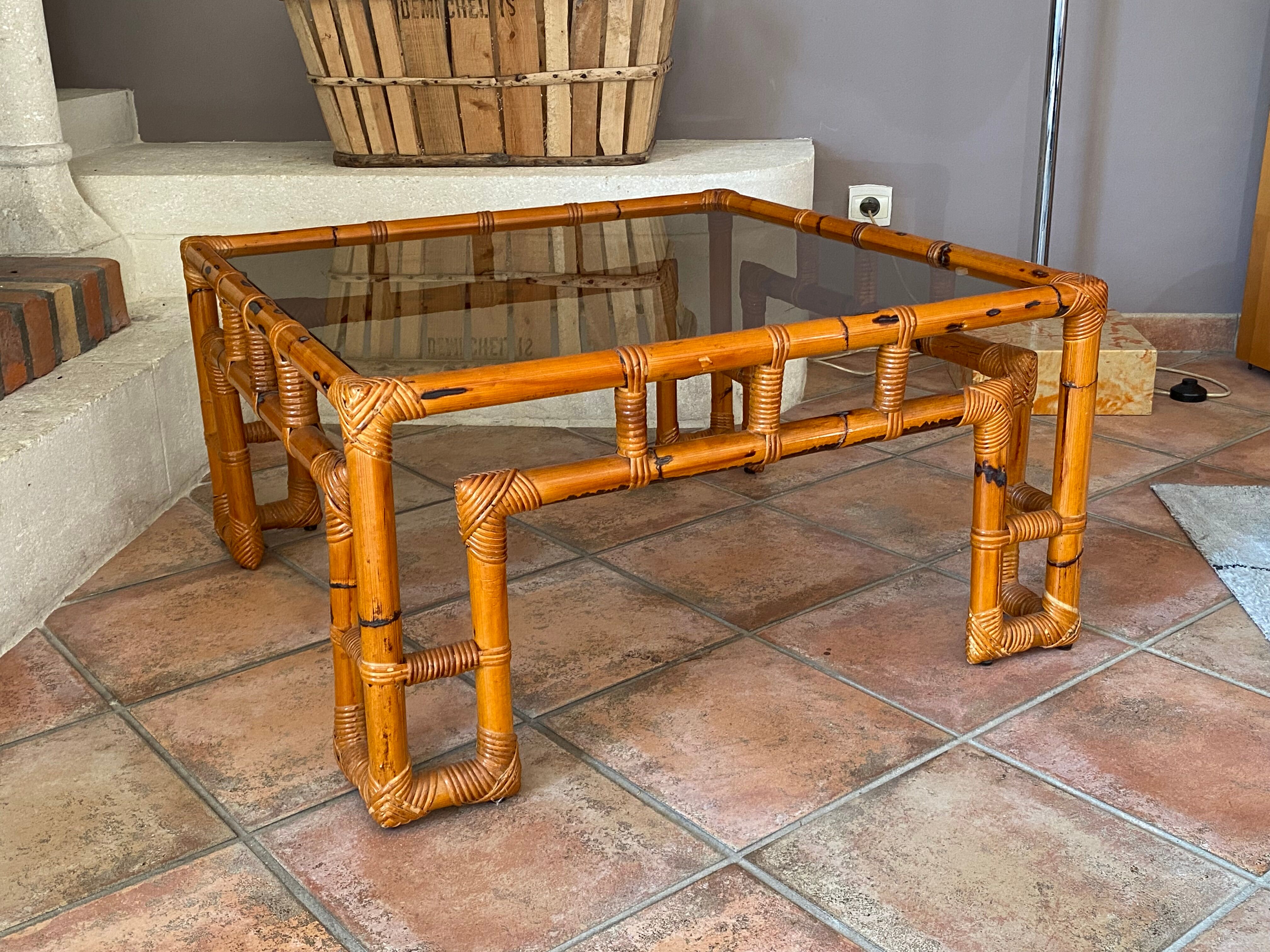 Coffee table Roche Bobois, 1970, rattan and smoked glass