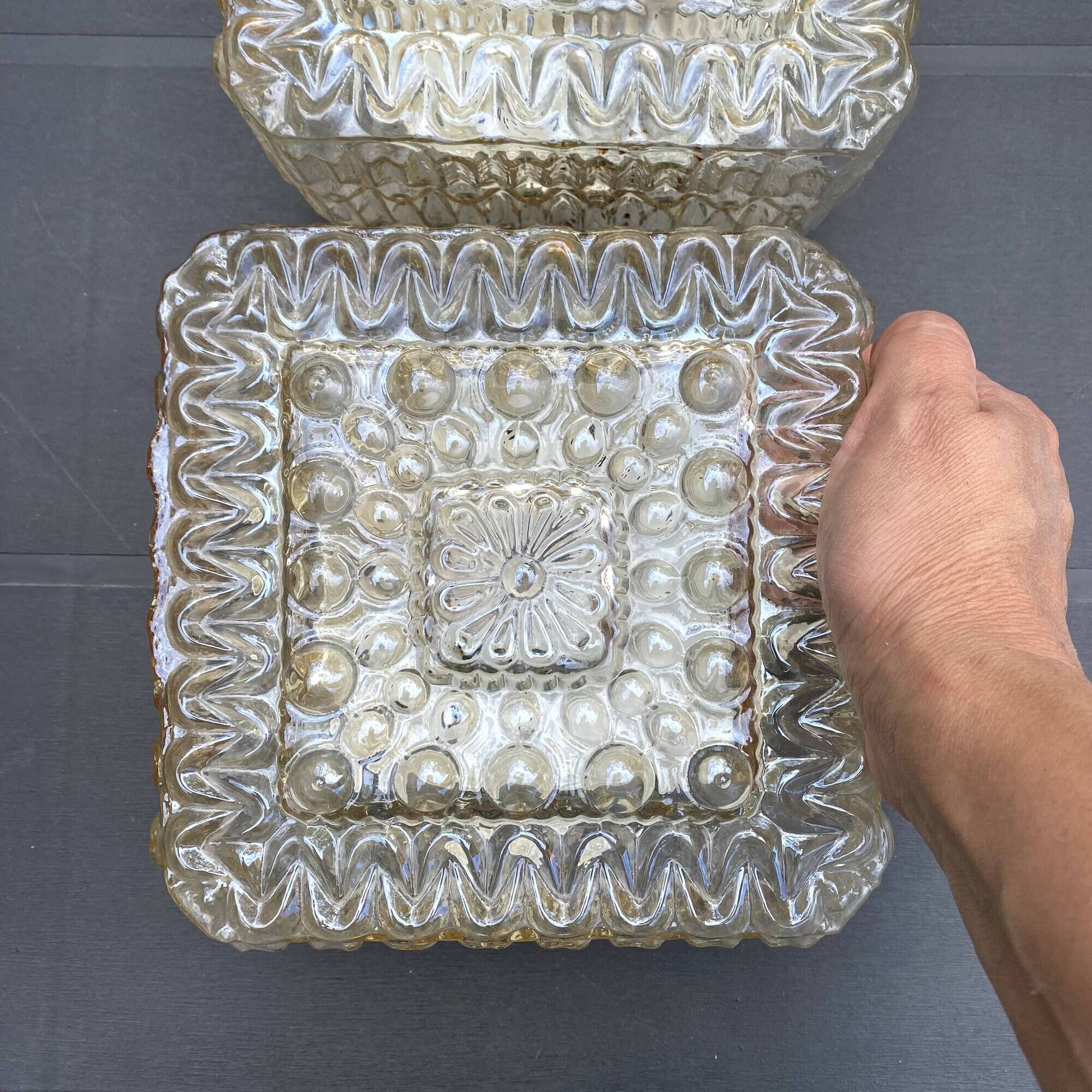 2 square ceiling lights in amber glass, 70s-80s